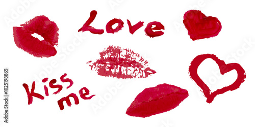 Red lipstick marks and handwritten words Love and Kiss me isolated on white background. Heart shapes and lip prints romantic design for Valentines Day. Vector art.