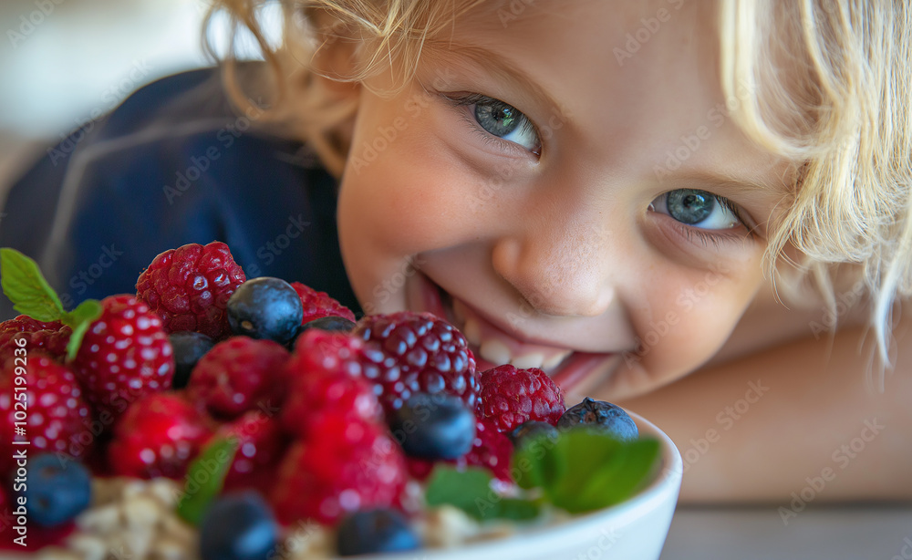 Smiling child close to a bowl of fresh berries, including raspberries, blueberries, and oats. Smiling child close to a bowl of fresh berries, including raspberries, blueberries, and oats.