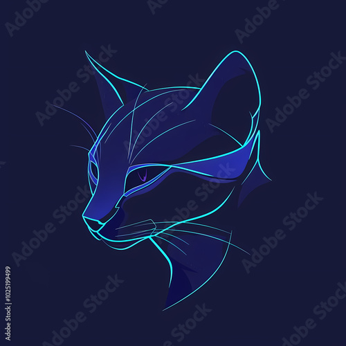 Line drawing of a cat's head in profile, its features outlined in a vibrant blue glow against a dark blue background