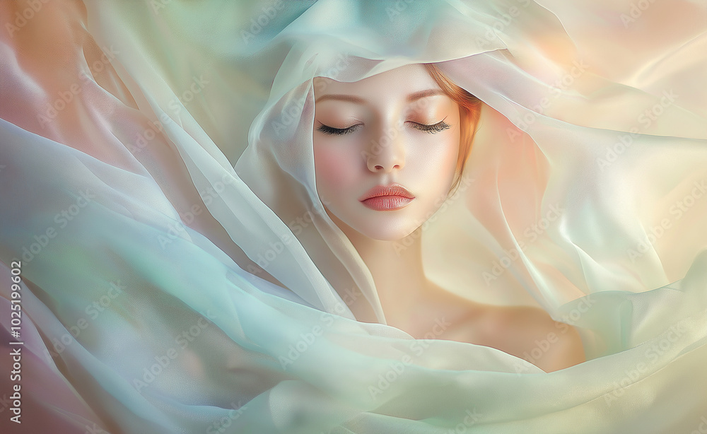 Close-up portrait of a woman wrapped in soft pink fabric, with ethereal lighting and a serene expression.