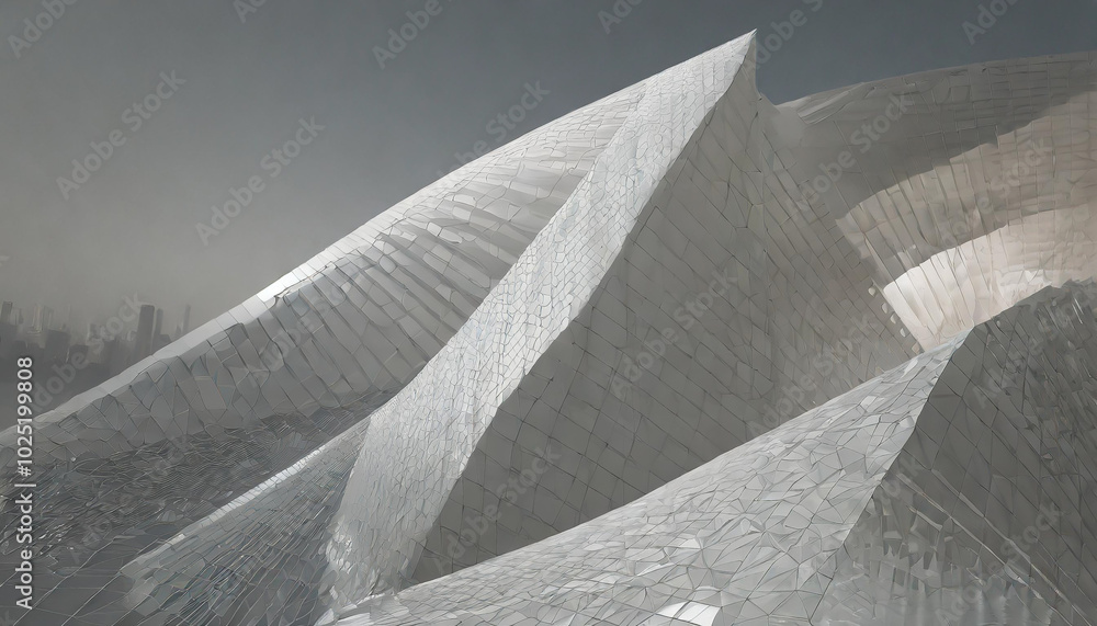 Modern architectural design featuring dramatic angular shapes in a futuristic landscape against a muted sky Modern architectural design featuring dramatic angular shapes in a futuristic landscape against a muted sky