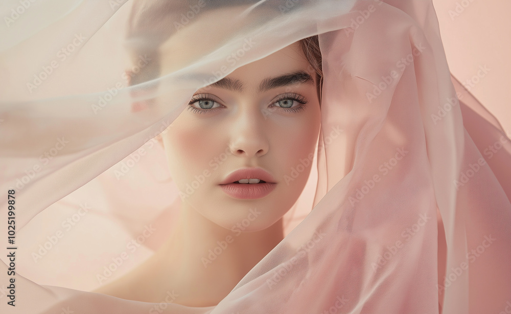 Close-up portrait of a woman wrapped in soft pink fabric, with ethereal lighting and a serene expression. Close-up portrait of a woman wrapped in soft pink fabric, with ethereal lighting and a serene expression.