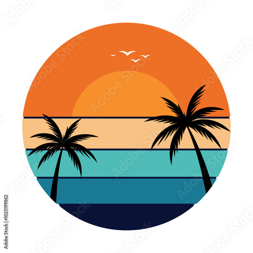 beach with palm trees, tropical island with palm tree, Summer Sunset Design Vector