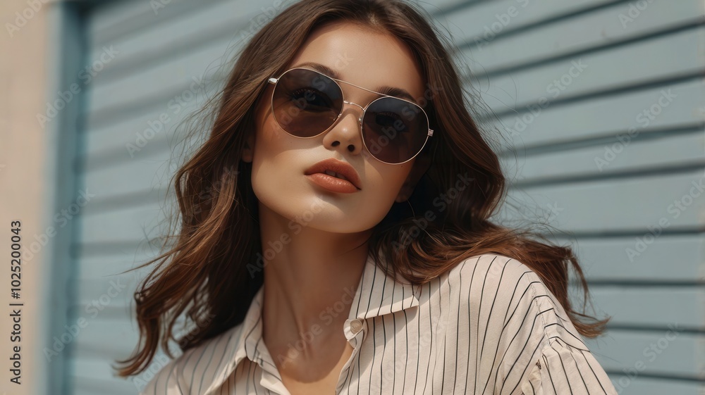 Woman in striped off-the-shoulder top with dark sunglasses, casual urban outdoor portrait Woman in striped off-the-shoulder top with dark sunglasses, casual urban outdoor portrait