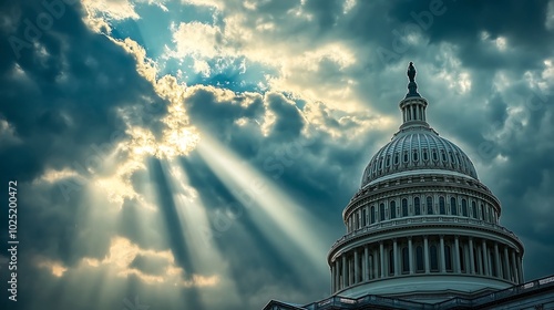 Washton DC building with copy space, sunrays scattering from sky.