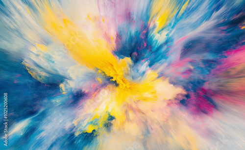 Vibrant explosion of colors blending together in an abstract burst of energy and movement. 