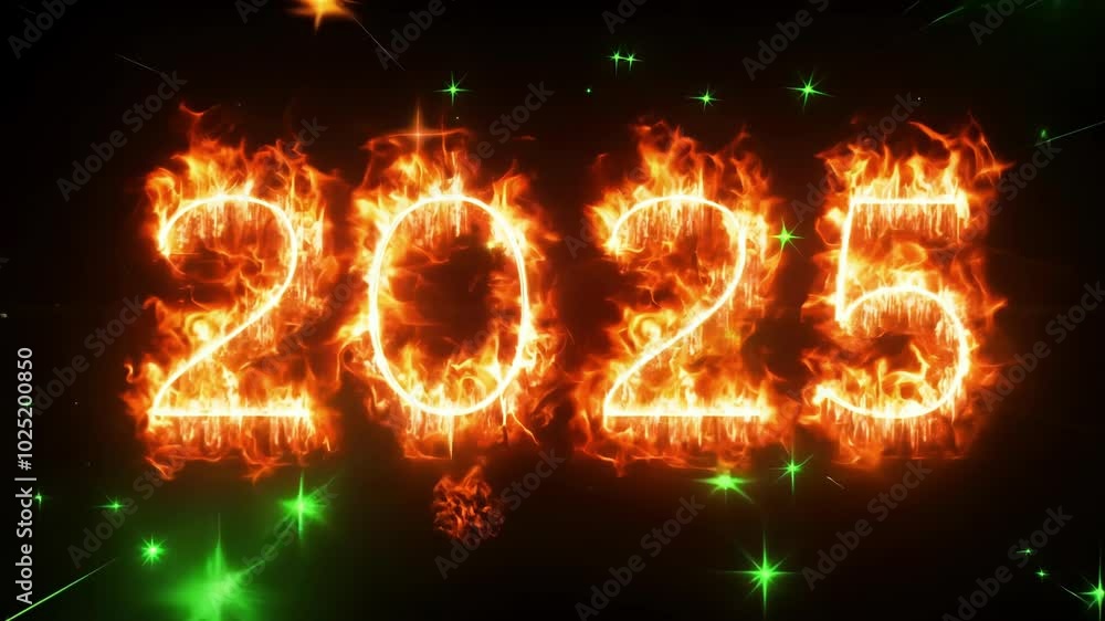 Bright '2025' flaming number sign against a black background, burning fiercely with fireworks. Vibrant and energetic New Year's theme, capturing the excitement of the upcoming year. Bright '2025' flaming number sign against a black background, burning fiercely with fireworks. Vibrant and energetic New Year's theme, capturing the excitement of the upcoming year.