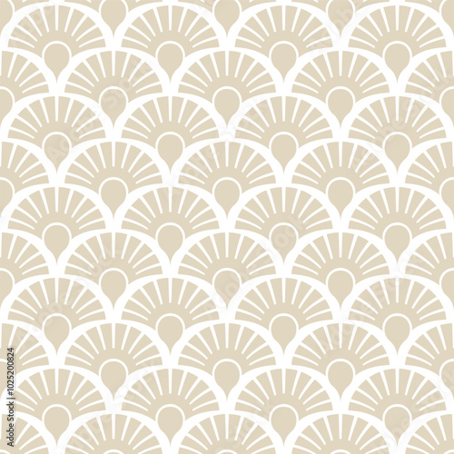 Classic Beige Boho Vintage Art Deco Fringed Scale Palmette Abstract Geometric Seamless Vector Repeat Pattern