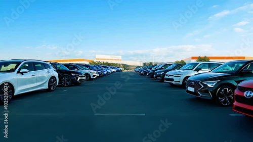 A parking lot full of cars under a bright blue sky, emphasizing variety, accessibility, and modern transportation, perfect for car dealership or automotive industry visuals.