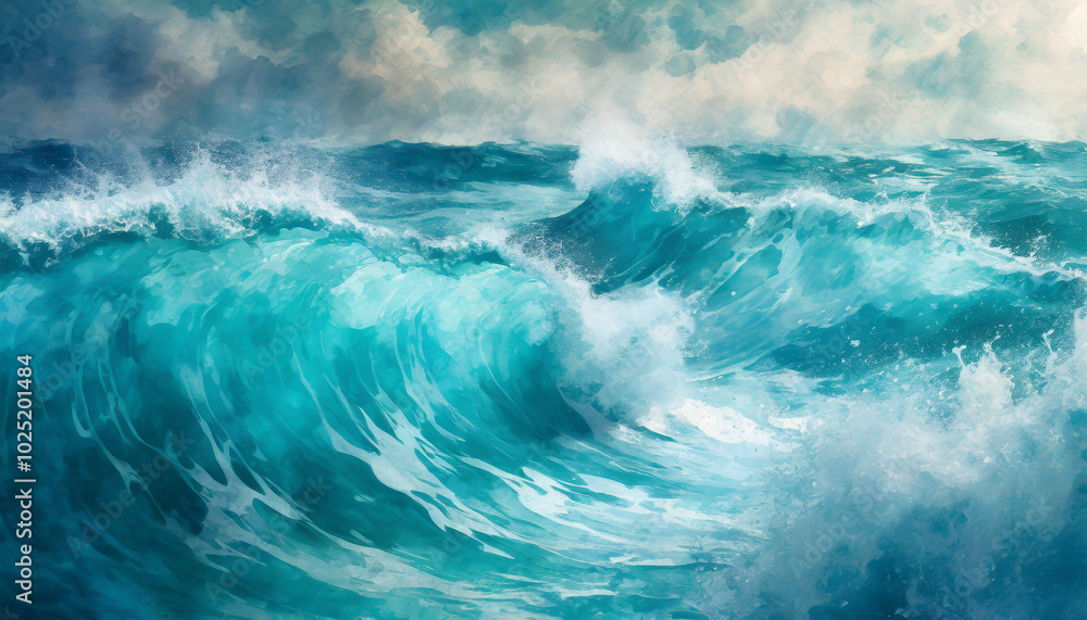 Vivid ocean waves crashing under a bright, cloudy sky during midday in a tropical coastal area Vivid ocean waves crashing under a bright, cloudy sky during midday in a tropical coastal area
