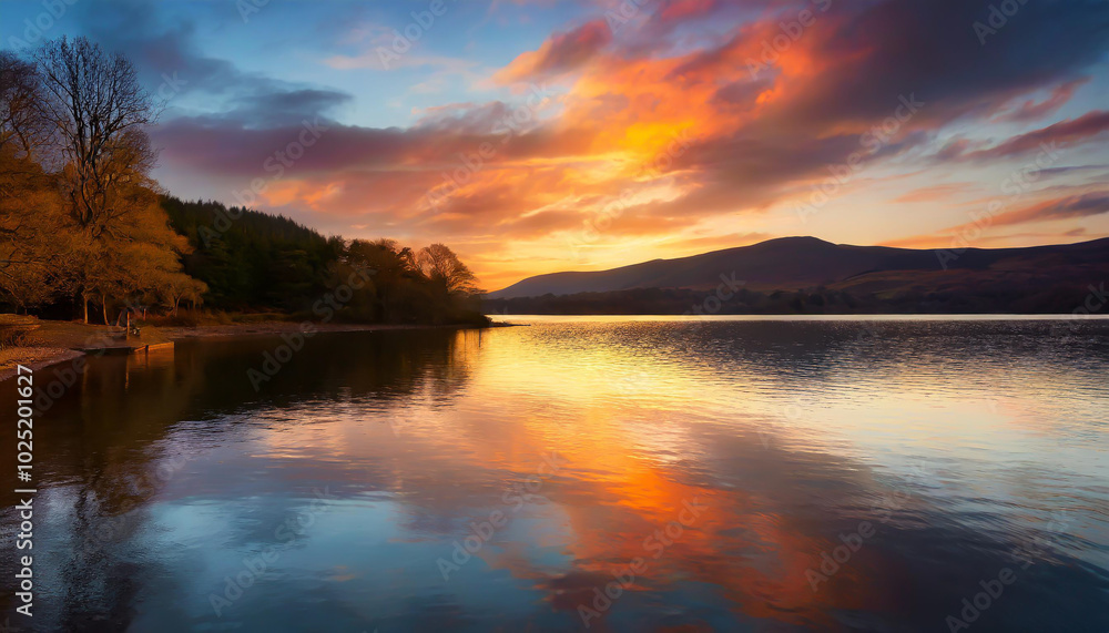 Fototapeta premium Stunning sunset over a tranquil lake surrounded by trees and mountains in late afternoon light