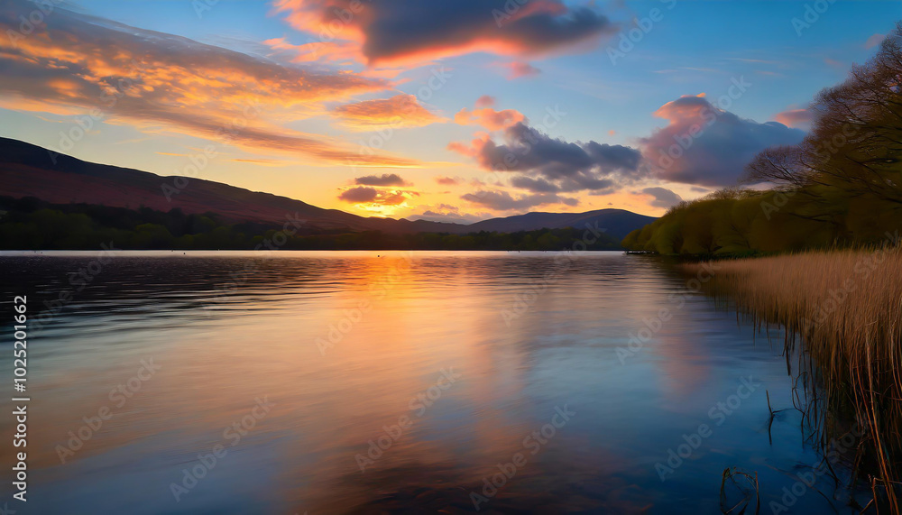 Scenic sunset over a tranquil lake surrounded by hills and reeds at dusk Scenic sunset over a tranquil lake surrounded by hills and reeds at dusk