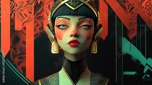 A Female Character with Black Hair, a Golden Headpiece, and a Green and Black Dress