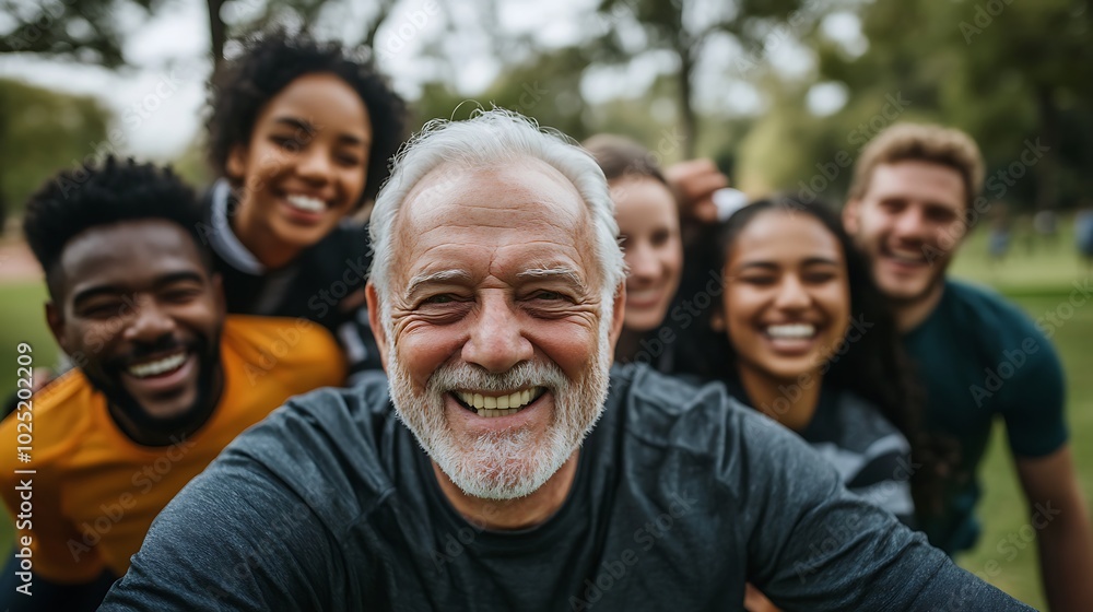 An older man with white hair grins at the camera, surrounded by a lively mix of friends from various ethnic backgrounds, all embracing in a park. An older man with white hair grins at the camera, surrounded by a lively mix of friends from various ethnic backgrounds, all embracing in a park.