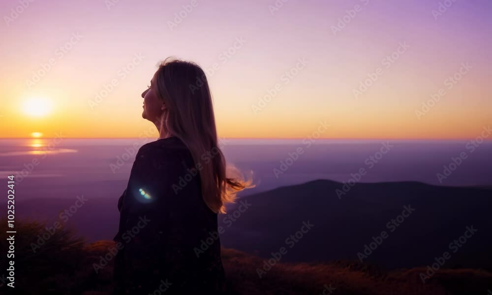Woman admires sunrise on mountaintop  connecting with nature.