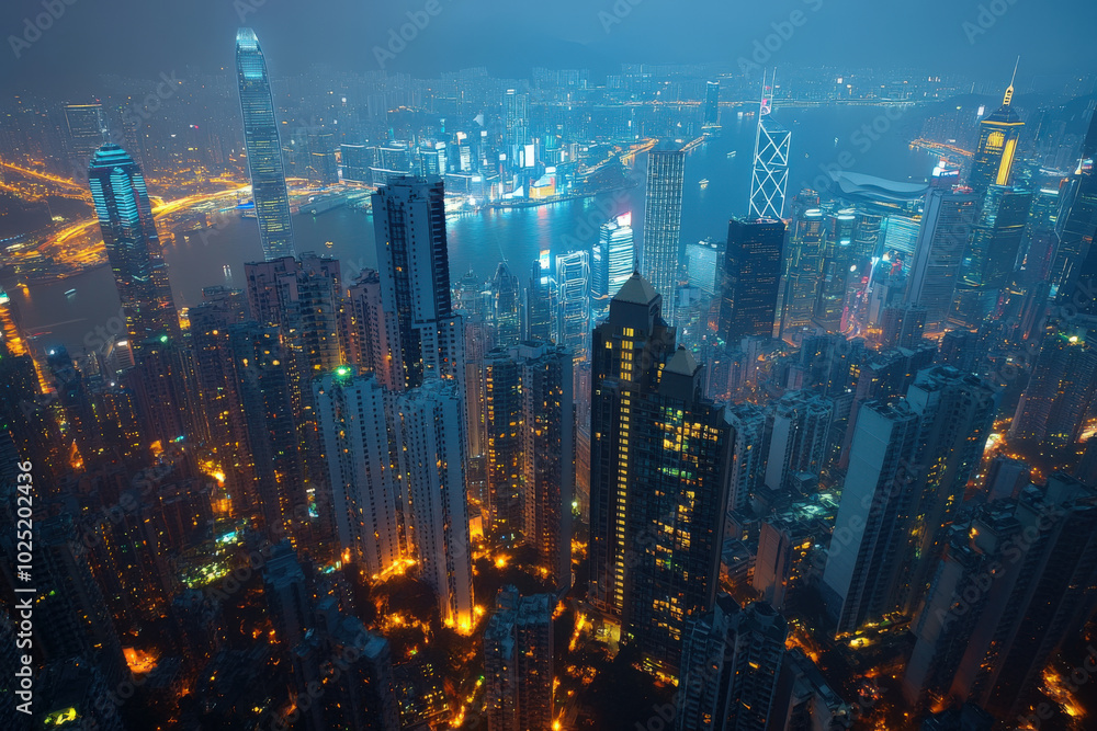 Fototapeta premium Nighttime Aerial View of Hong Kong Cityscape 