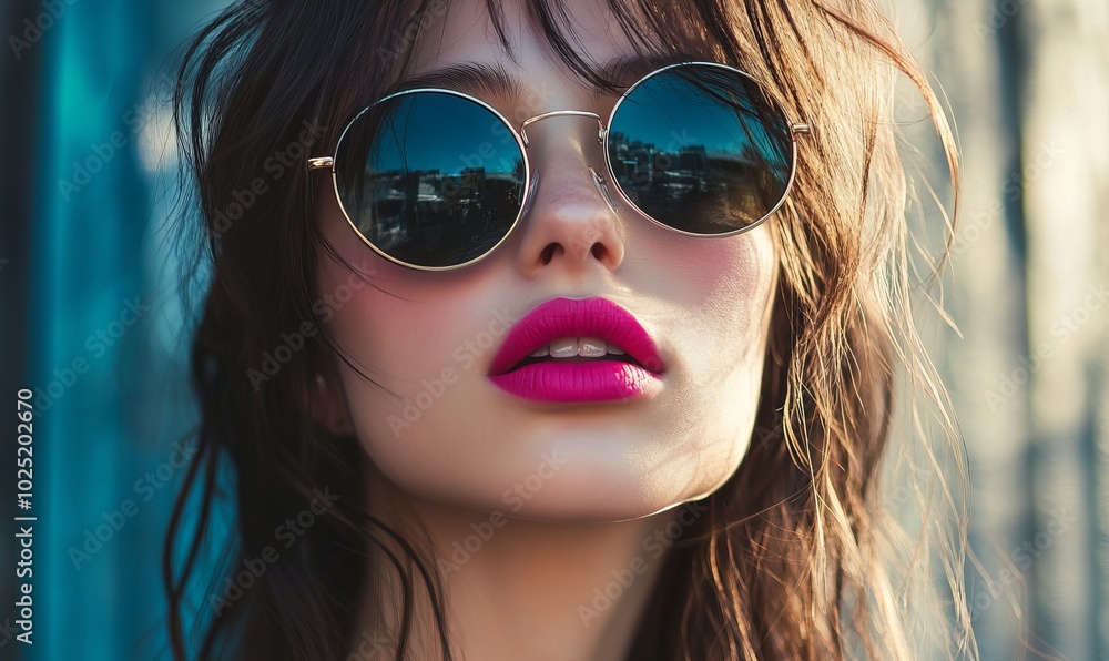 A woman with a bright pink lip is wearing sunglasses A woman with a bright pink lip is wearing sunglasses