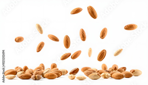 Whole, shelled and blanched almond nuts flying isolated on white background. Vertical layout isolated with white highlights, png