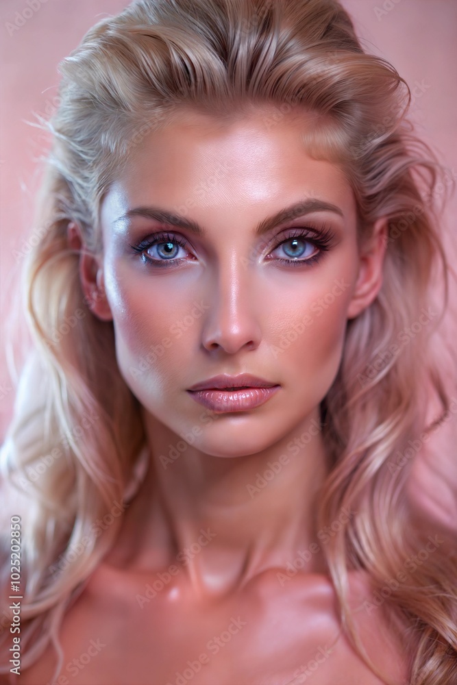 Naklejka premium A stunning portrait of a woman with flowing blonde hair and captivating green eyes against a soft pink background. Generative AI