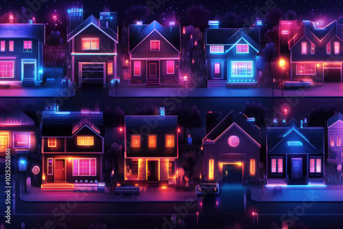 neon houses at night, brightly lit houses in neon colors against a dark night background., 