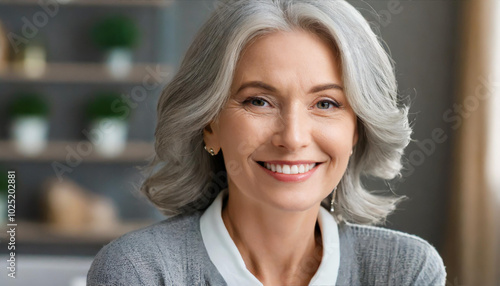 Smiling mature woman with silver hair in a cozy indoor setting during bright daylight