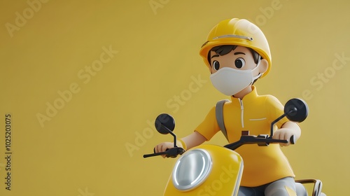 Safe delivery concept. 3d illustration. Cartoon character. The courier in medical mask and yellow uniform is in a hurry to deliver the order on a motor bike. 