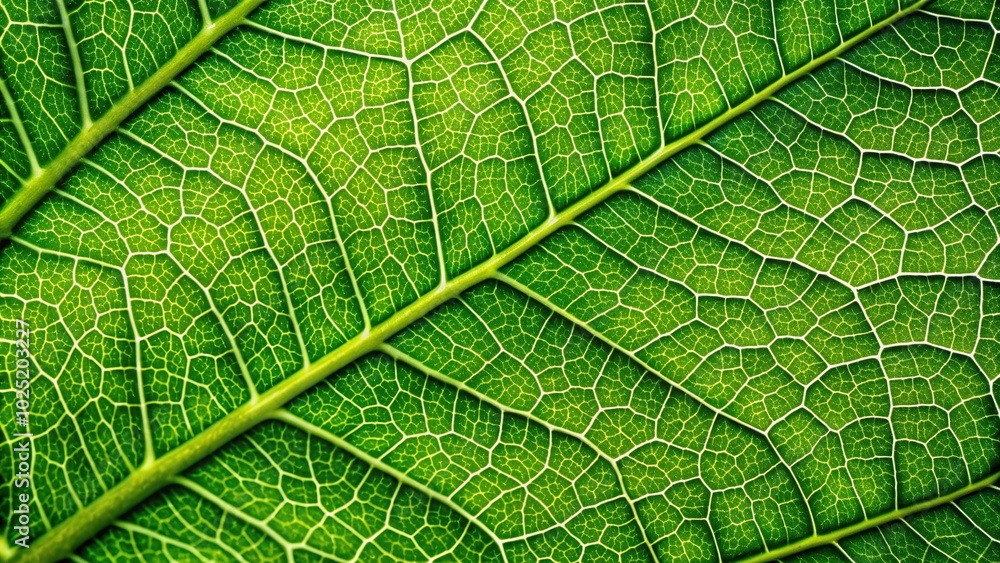 Obraz premium A close up photo capturing the intricate texture of a green leaf s macro vein from a low angle perspective, organic, plant detail, close-up, botanical, foliage, texture, veins, low angle