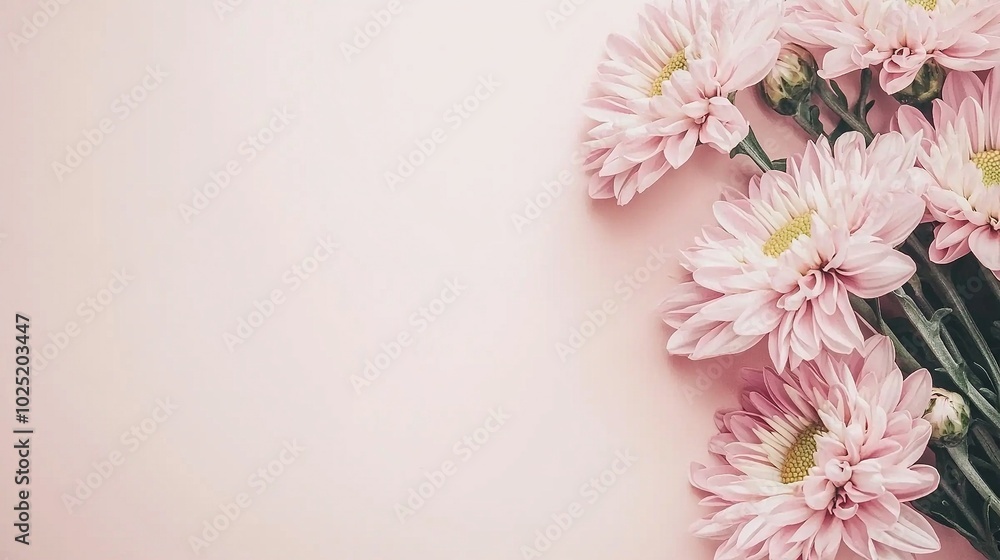 A pink bouquet rests atop a pink background with room for text on the left side of the image A pink bouquet rests atop a pink background with room for text on the left side of the image
