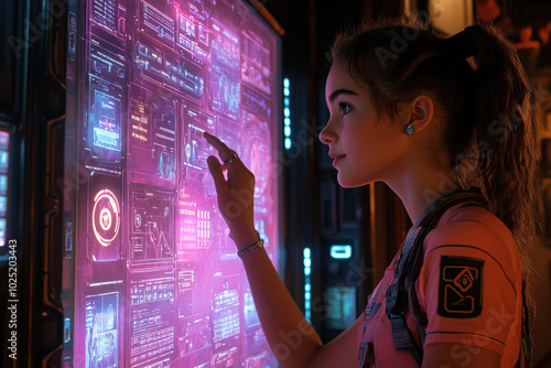 Young Woman Interacts with Futuristic Digital Interface 