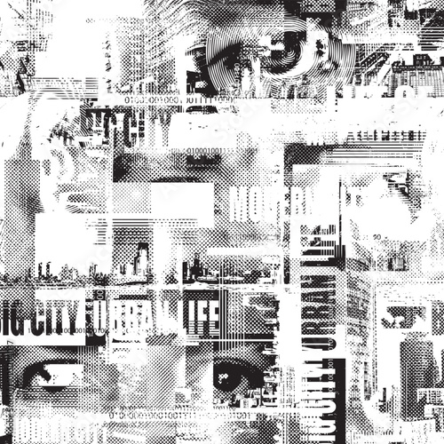 Abstract seamless pattern with newspaper headlines, concerned human eyes, urban landscapes. Chaotic vector background on the theme of city life in retro style. Wallpaper, wrapping paper, fabric design