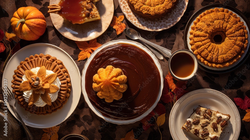 Thanksgiving pumpkin and apple various pies, top view, copy space. Neural network ai generated art Thanksgiving pumpkin and apple various pies, top view, copy space. Neural network ai generated art