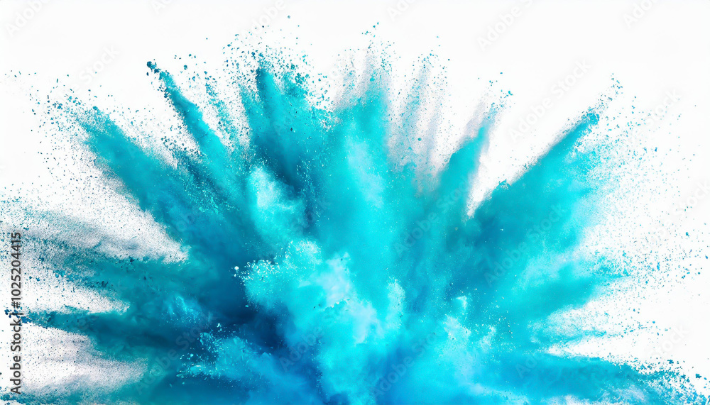 Vibrant blue powder explosion creating a dynamic and colorful cloud against a bright white background Vibrant blue powder explosion creating a dynamic and colorful cloud against a bright white background