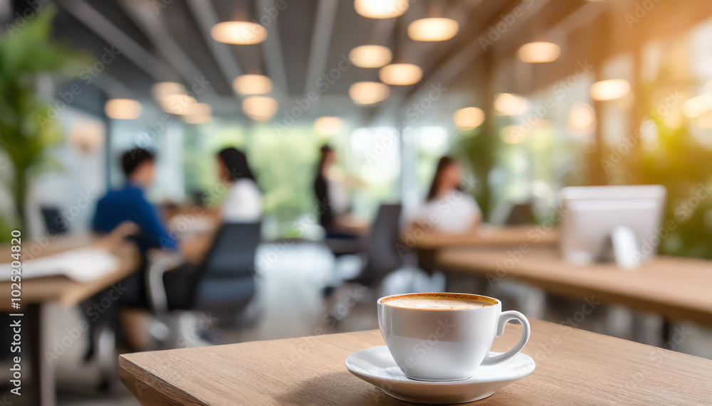 A cup of coffee sits on a table while people work and socialize in a modern office space during the day A cup of coffee sits on a table while people work and socialize in a modern office space during the day