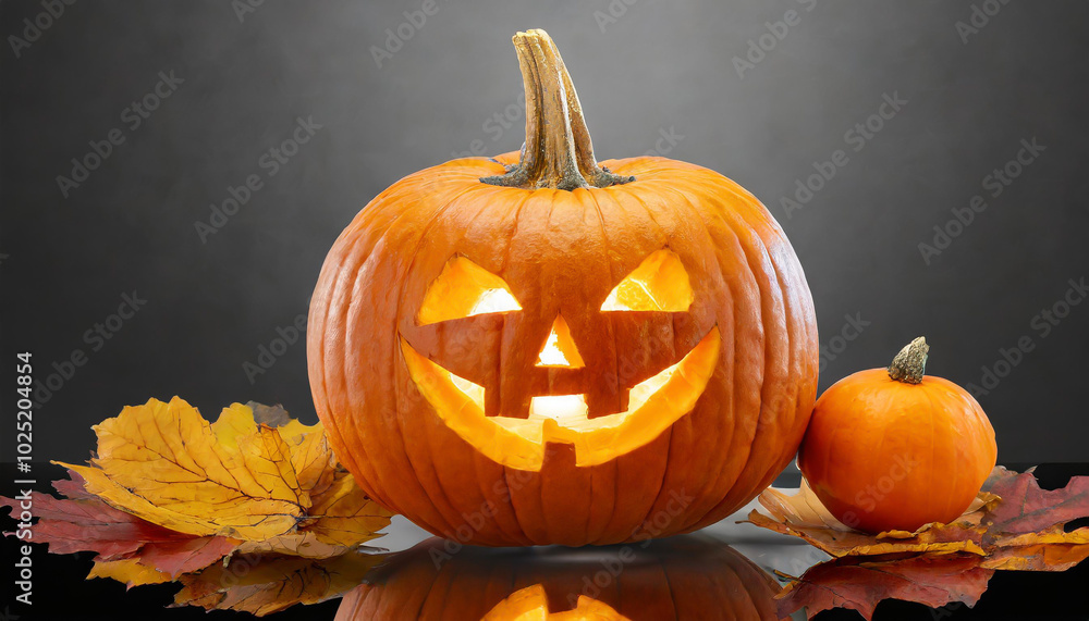 Brightly lit carved pumpkin with a cheerful face and autumn leaves on a reflective surface, perfect for Halloween celebrations Brightly lit carved pumpkin with a cheerful face and autumn leaves on a reflective surface, perfect for Halloween celebrations