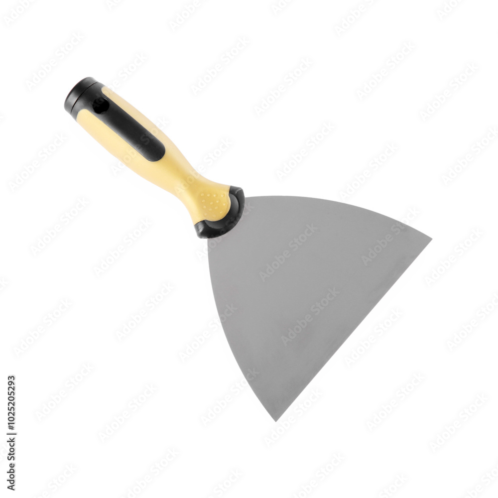 One putty knife isolated on white, top view. Construction tool One putty knife isolated on white, top view. Construction tool