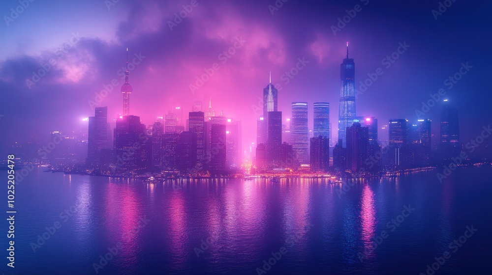 Fototapeta premium A panoramic view of a cityscape at night, with tall buildings and a colorful sky.