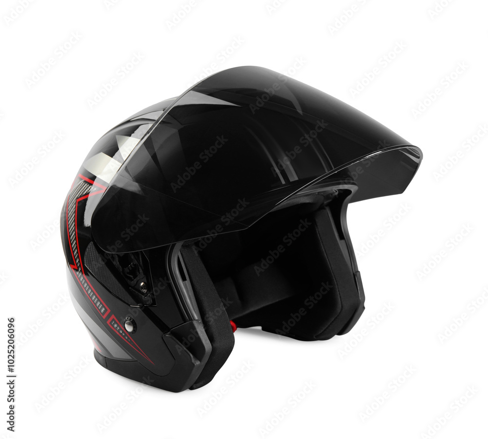 Motorcycle helmet with visor on white background, space for text Motorcycle helmet with visor on white background, space for text