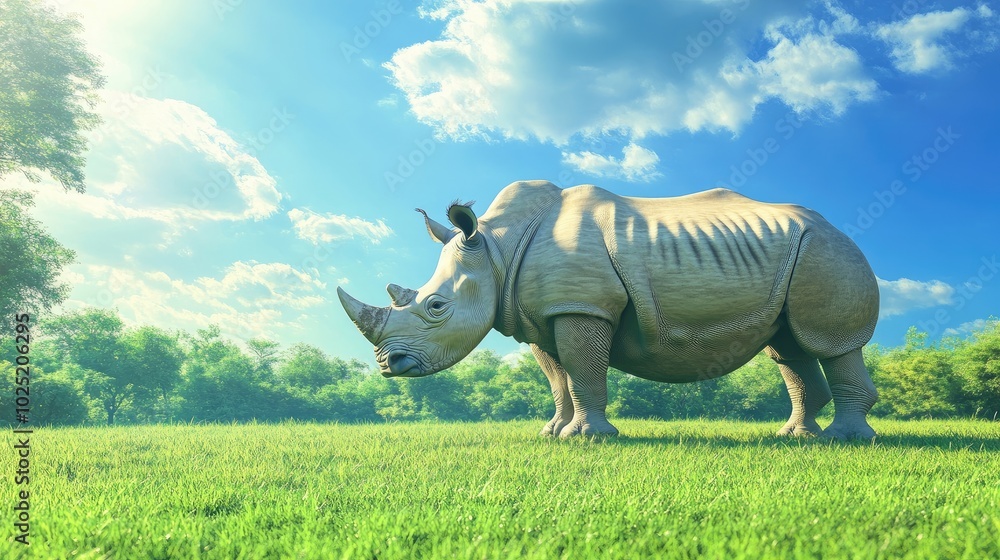Fototapeta premium A majestic rhino calmly grazing on a lush green lawn, surrounded by vibrant grass under a clear blue sky.