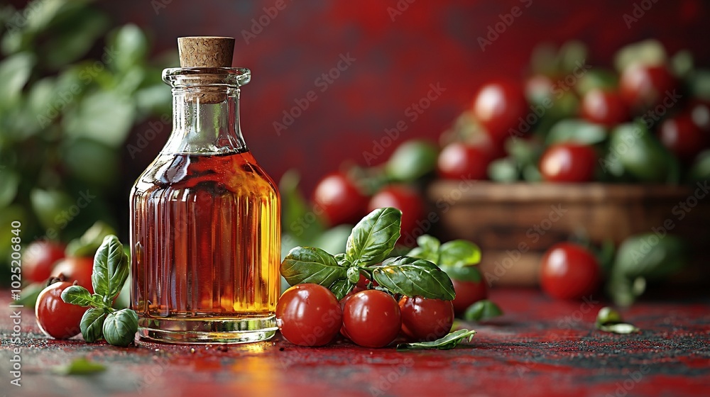 A bottle of tomato oil sits on a table with tomatoes and basil nearby A bottle of tomato oil sits on a table with tomatoes and basil nearby