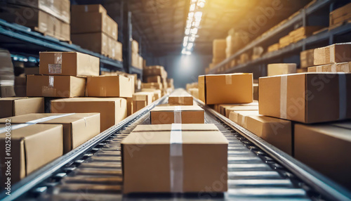 Multiple cardboard boxes on conveyor belt in a busy warehouse during daylight hours