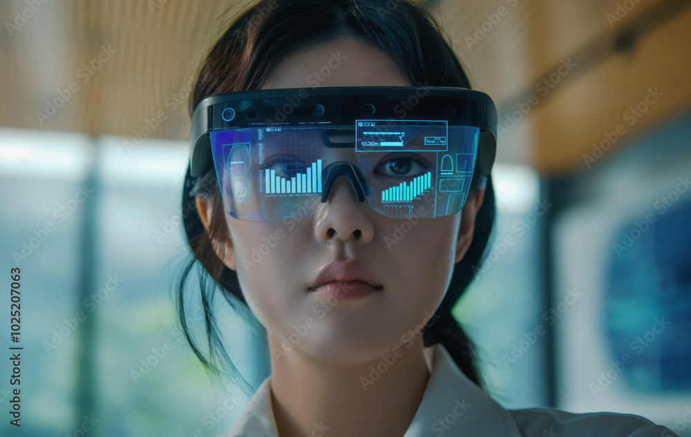 Young Asian woman with smart augmented reality goggles, charts and data ...