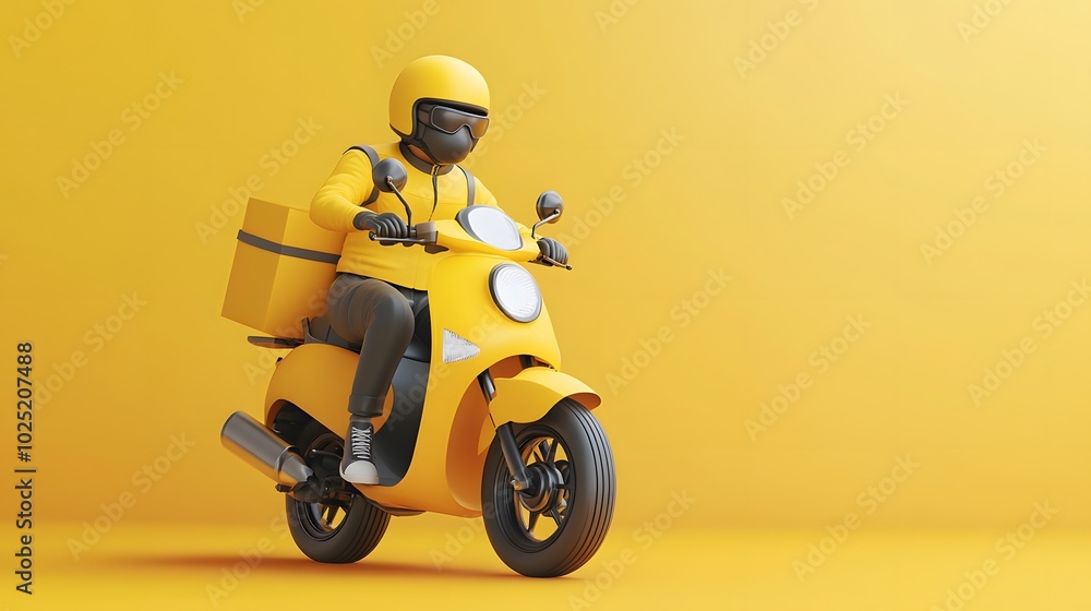 Safe delivery concept. 3d illustration. Cartoon character. The courier in medical mask and yellow uniform is in a hurry to deliver the order on a motor bike. Safe delivery concept. 3d illustration. Cartoon character. The courier in medical mask and yellow uniform is in a hurry to deliver the order on a motor bike.