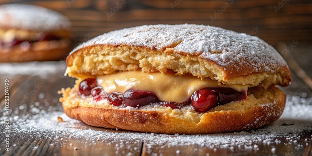tempting, scrumptious, sweet, A mouthwatering close up shot of a deep fried peanut butter and jelly sandwich oozing with flavors and covered in a generous dusting of powdered sugar tempting, scrumptious, sweet, A mouthwatering close up shot of a deep fried peanut butter and jelly sandwich oozing with flavors and covered in a generous dusting of powdered sugar