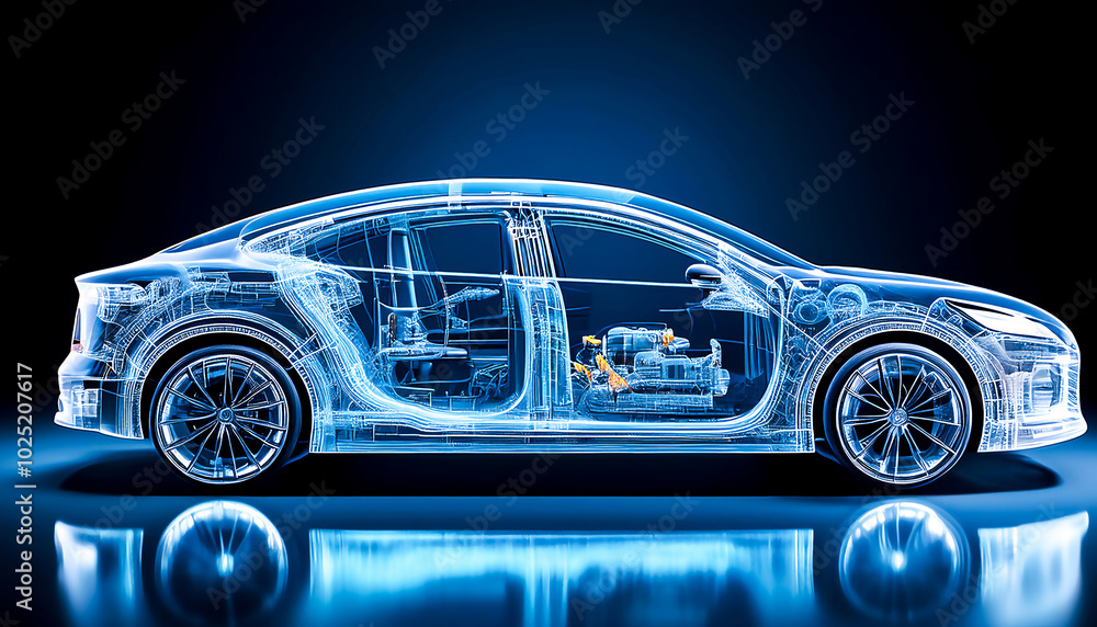 X-ray image of an electric passenger car showing construction details, on a dark background X-ray image of an electric passenger car showing construction details, on a dark background