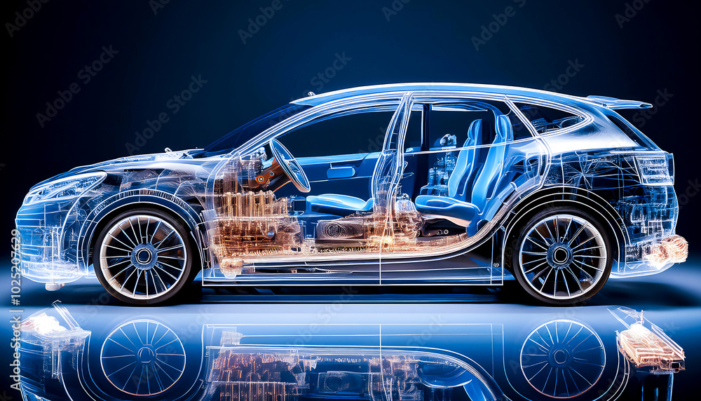 X-ray image of an electric passenger car showing construction details, on a dark background X-ray image of an electric passenger car showing construction details, on a dark background
