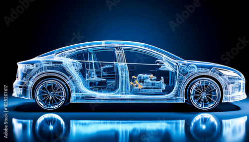 X-ray image of an electric passenger car showing construction details, on a dark background