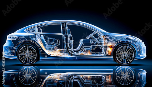 X-ray image of an electric passenger car showing construction details, on a dark background