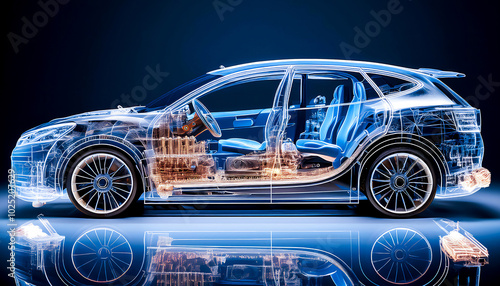X-ray image of an electric passenger car showing construction details, on a dark background