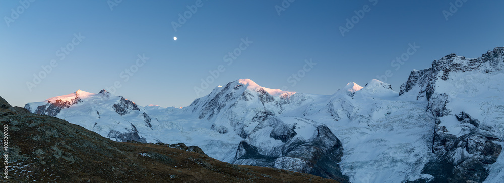Monte Rosa panorama at sunrise, Swiss Alps, Zermatt, Switzerland