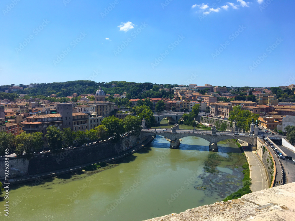Fototapeta premium Beautiful Tiber River in Rome. View from above the city. Travel to beautiful places of Rome. Beautiful sights